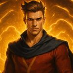 Ilustração de um protagonista masculino com expressão determinada, envolto por um fundo energético dourado, simbolizando poder e transformação. Finalidade da imagem: Representar visualmente a força e o arco de transformação de um protagonista ideal em narrativas de ficção e roteiro.