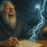 Ilustração de um mago escritor sorridente escrevendo uma história mágica com raios saindo do papel, em estilo de pintura tradicional, com castelo ao fundo.