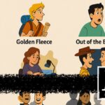 Ilustração dos 10 gêneros de Blake Snyder com personagens representando cada tipo: Monstro em casa, Jornada do herói, Magia fora do controle, Pessoa comum em crise, Adolescente em transformação, Dupla improvável, Mistério psicológico, Idiota triunfante, Conflito institucional e Super-herói deslocado